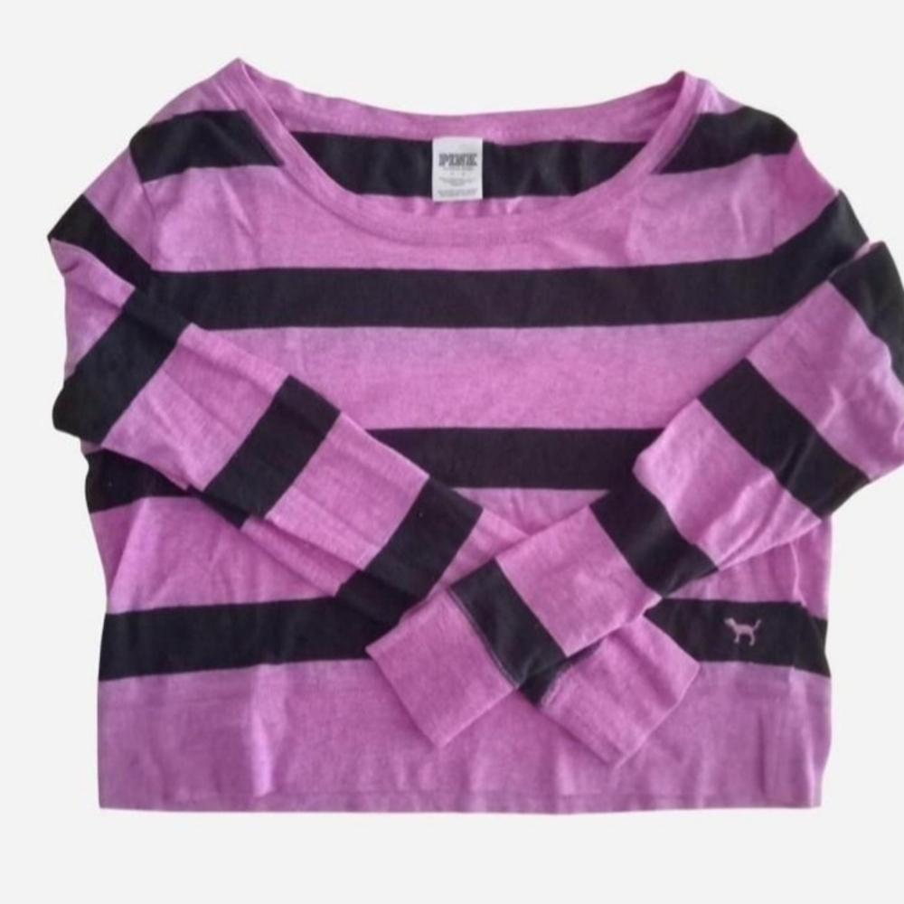 Victoria's Secret PINK Purple Black Striped Long Sleeve Tee T-Shirt Alt Y2K 90s - Picture 3 of 8